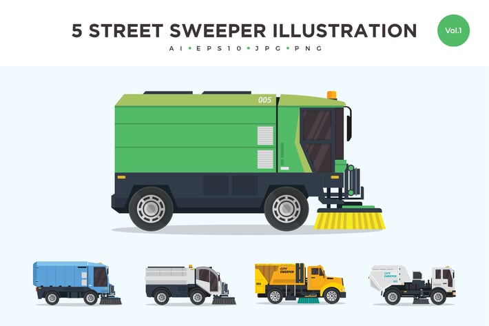 5 Street Sweeper Truck Vector Illustration Set 1