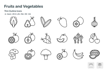 Fruits and Vegetables thin outline icons