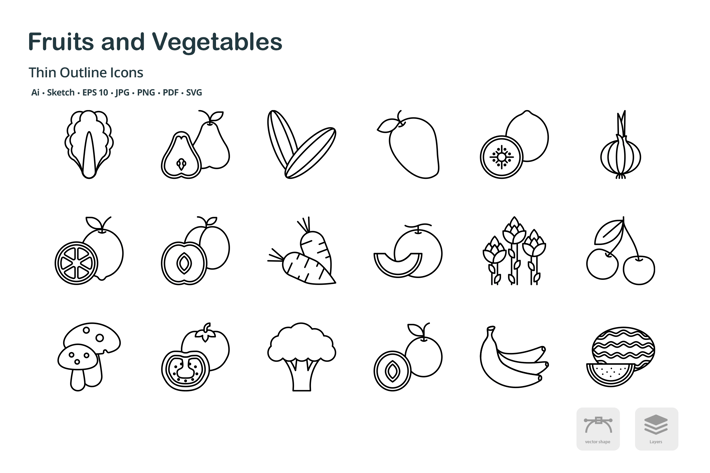 Fruits and Vegetables thin outline icons