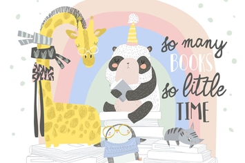 Cute animals with stacks of books. Vector 
