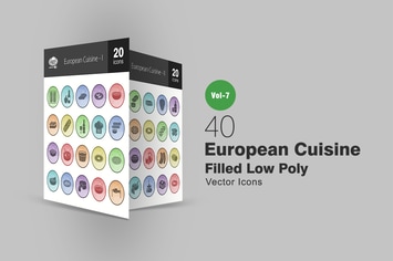 40 European Cuisine Filled Low Poly Icons