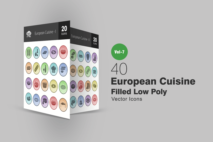 40 European Cuisine Filled Low Poly Icons