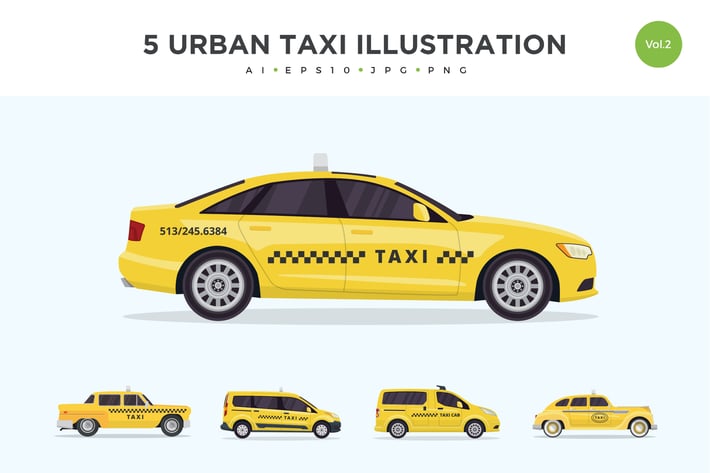 5 Urban Taxi Vector Illustration Set 2