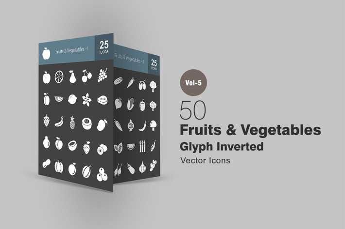 50 Fruits & Vegetables Glyph Inverted Icons