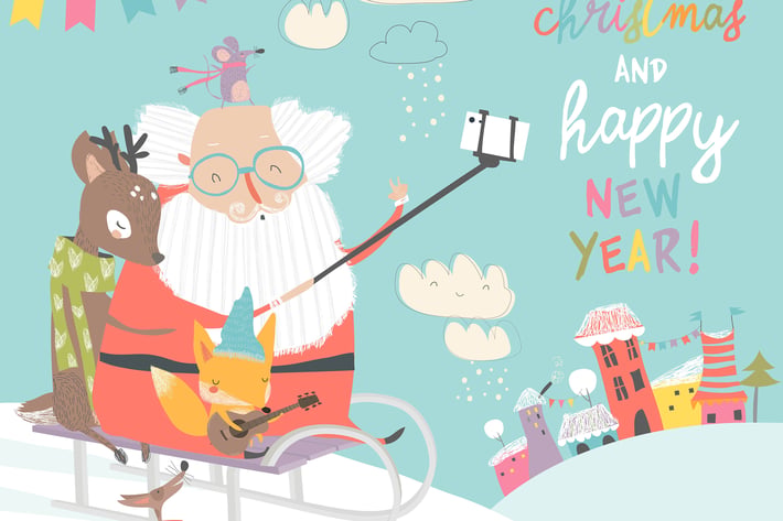 Santa take a selfie with reindeer and fox. Vector 