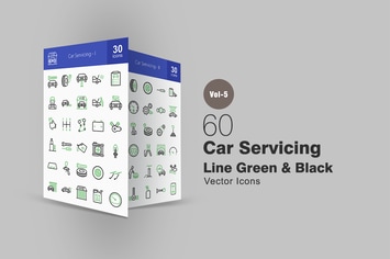60 Car Servicing Line Green & Black Icons