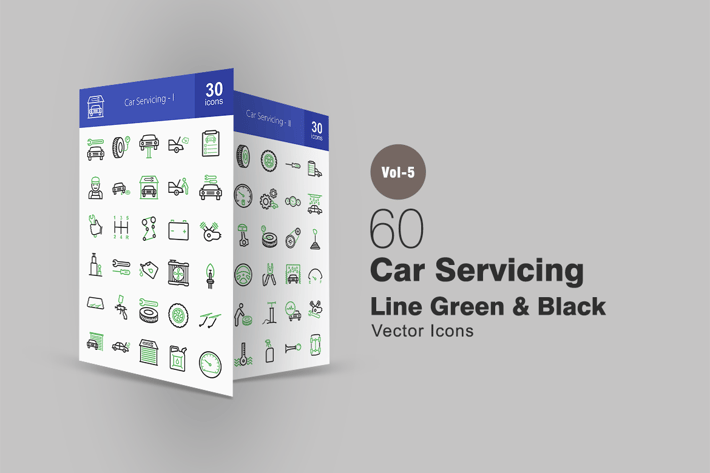 60 Car Servicing Line Green & Black Icons