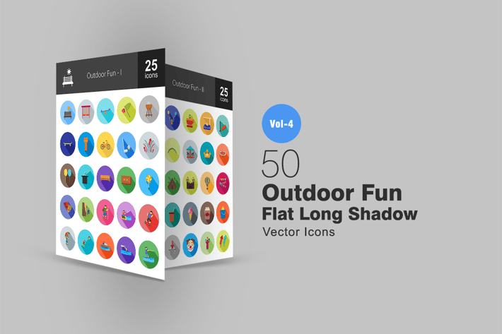 50 Outdoor Fun Flat Shadowed Icons