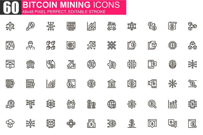 Bitcoin Mining Thin Line Icons Pack