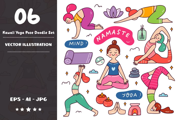 Kawaii Yoga Pose Doodle Set