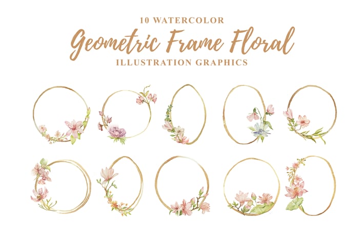 10 Watercolor Geometric Frame Floral Illustration 