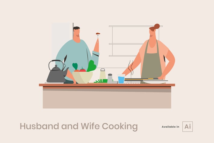 Husband and Wife Cooking Illustration