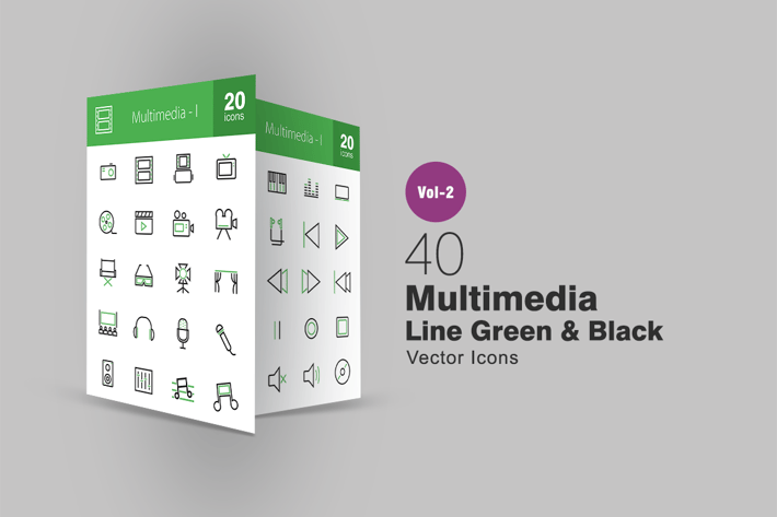 40 Multimedia Line Green & Black Icons
