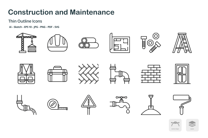Construction and maintenance thin outline icons