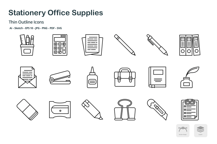 Stationery office supplies thin outline icons