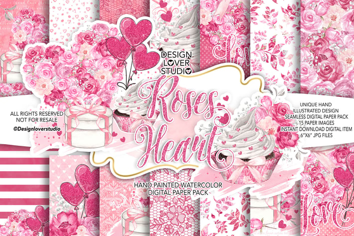 Roses Heart Valentine day digital paper pack