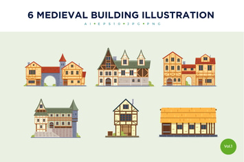 6 Vintage Medieval House Vector Illustration Set 1