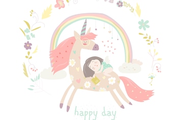 Cute cartoon girl with unicorn. Vector 