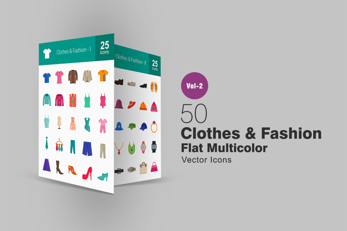 50 Clothes & Fashion Flat Multicolor Icons