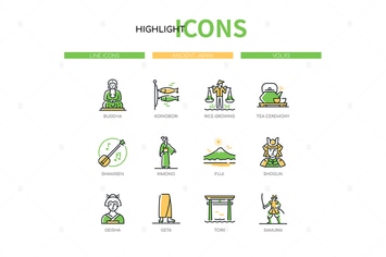 Ancient Japan - Line Design Style Icons Set
