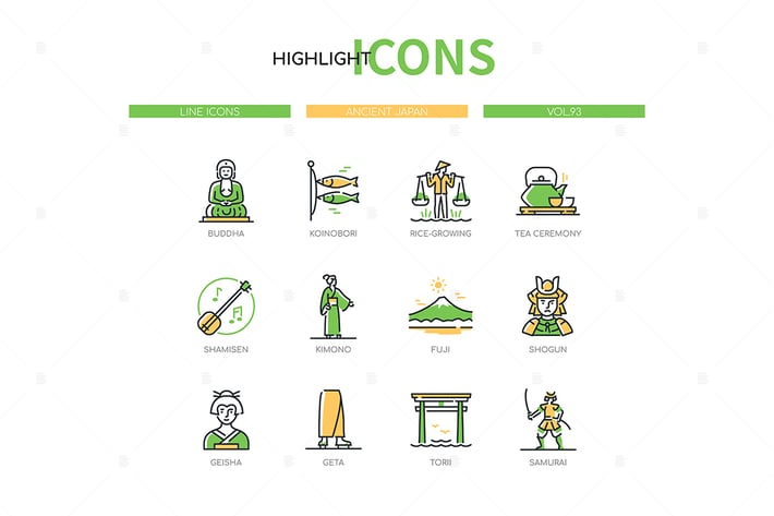 Ancient Japan - Line Design Style Icons Set