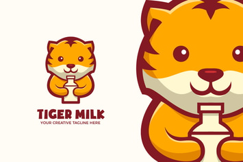 Baby Tiger Drink Milk Mascot Character Logo
