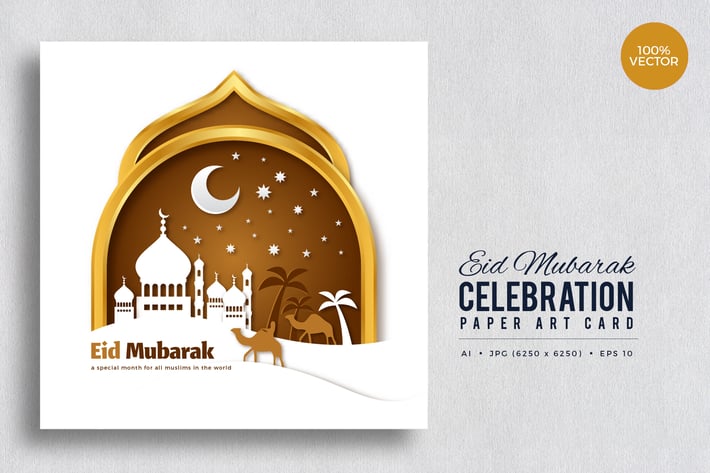 Eid Mubarak Paper Art Vector Card Vol.5