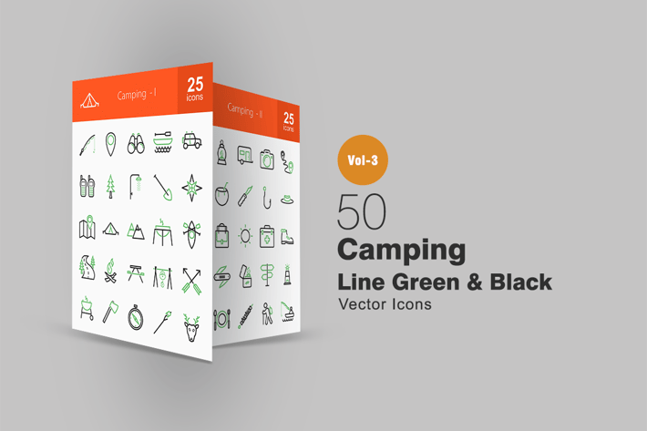 50 Camping Line Green & Black Icons