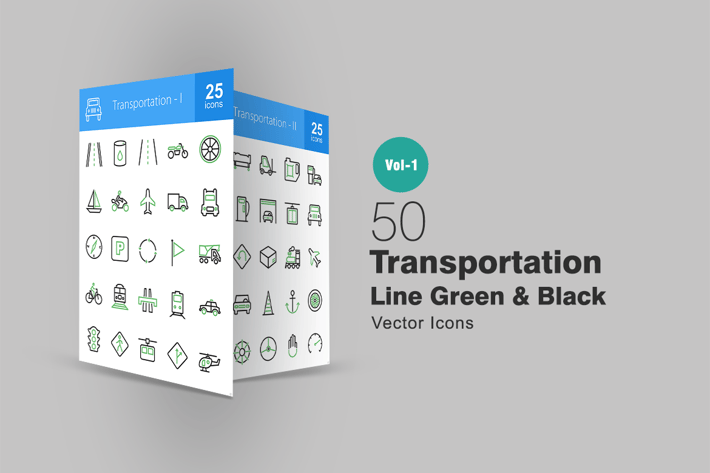 50 Transportation Line Green & Black Icons