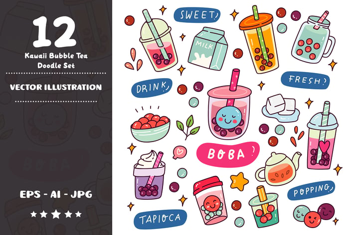 Kawaii Bubble Tea Doodle Set