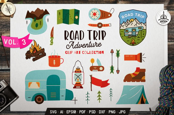 Road Trip Clip Art Collection. Hiking Icons Set