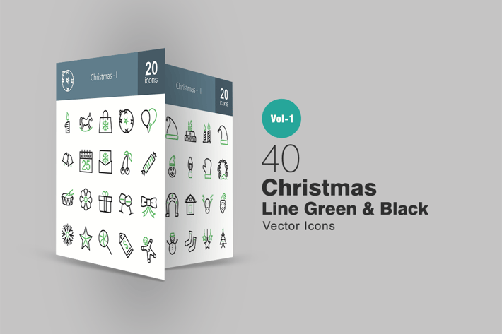40 Christmas Line Green & Black Icons