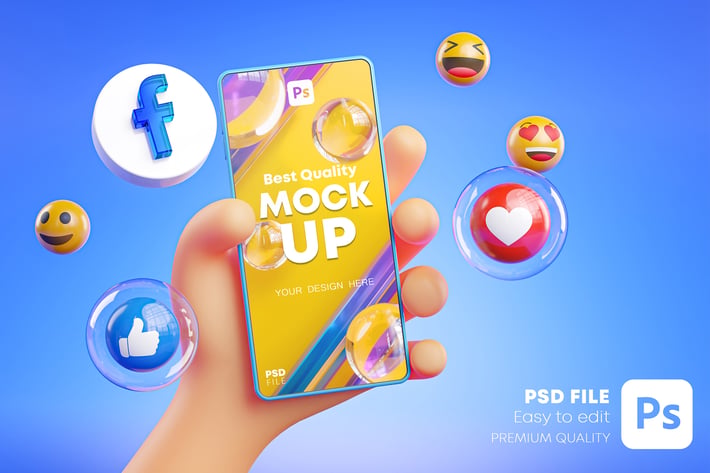 Cute Hand Holding Phone Facebook Icons Around 3D