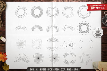 Sunburst Icons Set Silhouette, Line Vector Graphic