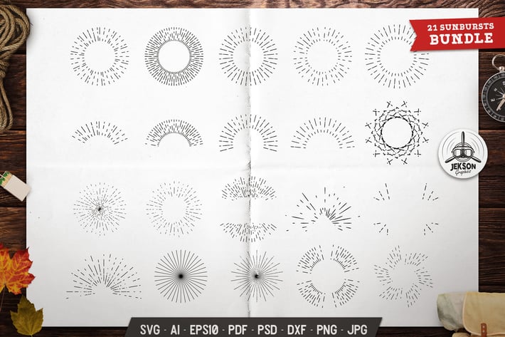Sunburst Icons Set Silhouette, Line Vector Graphic