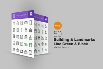 50 Buildings & Landmarks Line Green & Black Icons