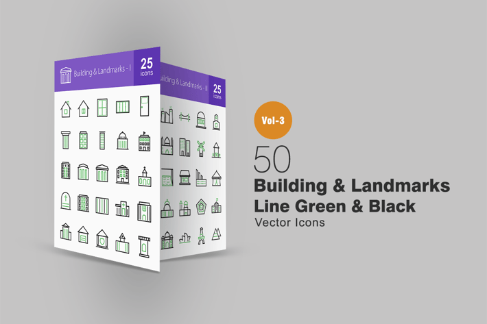 50 Buildings & Landmarks Line Green & Black Icons