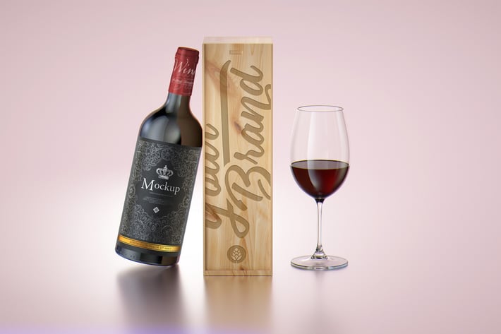 Wooden Box  and Red  Wine Bottle Mockup 