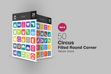 50 Circus Filled Round Corner Icons