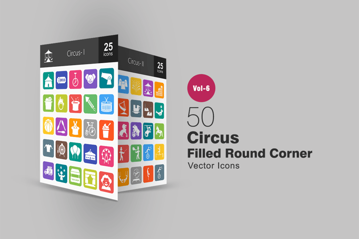 50 Circus Filled Round Corner Icons