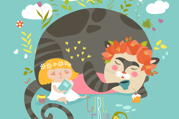 Cute girl reading book for magic cat. Vector 