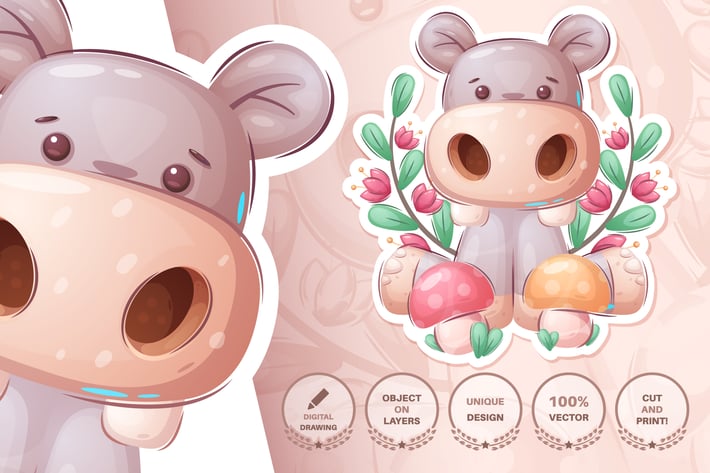 Hippo with mushrooms - seamless pattern