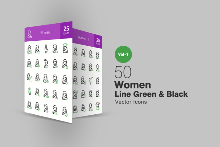 50 Women Green & Black Line Icons