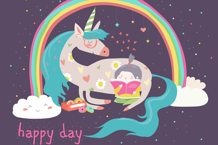 Cute cartoon girl with unicorn. Vector 