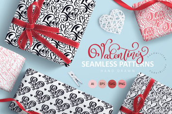 Valentine`s Hand Drawn Seamless Patterns