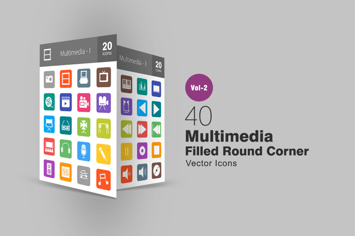 40 Multimedia Filled Round Corner Icons