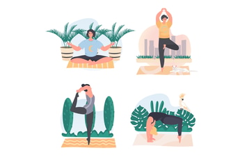 Men And Women Doing Yoga Concept Scenes Set