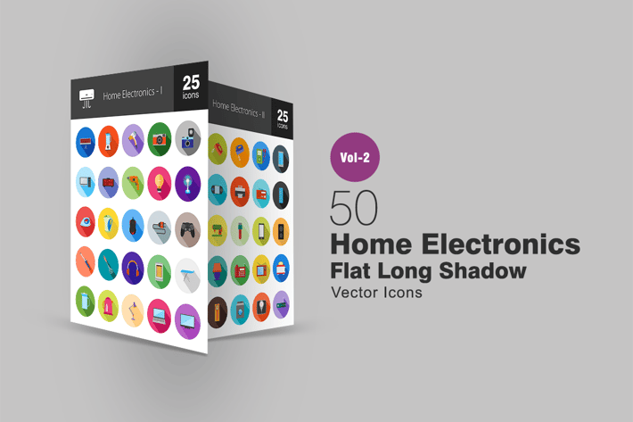50 Home Electronics Flat Long Shadow Icons
