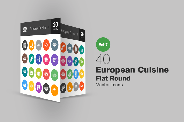 40 European Cuisine Flat Round Icons