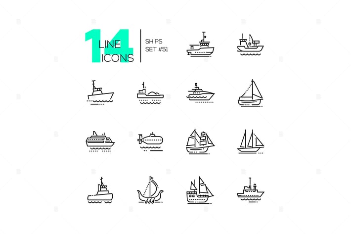 Water transport - thin line design icons set